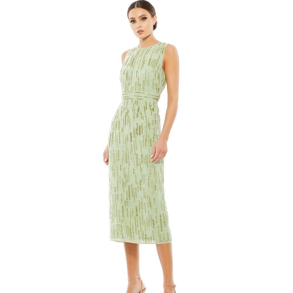 MAC DUGGAL BEADED SLEEVELESS MIDI SHEATH DRESS SAGE MINT GREEN SIZE 8